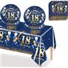 MORAINJAY 37 Pezzi Set Stoviglie Compleanno Blu Oro per 18°, 18 Anni Stoviglie per Feste Include Tovaglioli,Piatti,Tovaglia,Uomo Donna Decorazioni Festa Compleanno -16 Ospiti