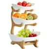 MFUSUL Plastica a 3 Livelli Piano, Portafrutta a Ripiani con Supporto Telaio in Legno Naturale, Porta Frutta da Tavolo Verdura per Cibo, Verdure, Torte
