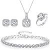 EVER FAITH Set di Gioielli cubici con zirconi Quadrati per la Sposa, Collana con Ciondolo Glamour, Orecchini, Bracciale Tennis Aperto, Set di Anelli per Donne Trasparente Argento Fondo
