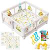 Akeraq Box Bambini 150x150cm con Illustrazioni, Recinto Gioco Imbottito con Tappetino Reversibile, Libro Sensoriale, Palline Colorate e Anelli di Sostegno