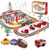 JONRRYIN Trenino Elettrico per Bambini, 161Pezzi Giocattolo Pista Macchinine, Pista Treno e Auto Elettrico a Tema Pompieri con 4 Camion dei Pompieri, Giocattolo di Costruzione per Bambini 4 5 6 Anni