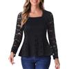 Allegra K Donna Blusa Pizzo Scollo Quadrato Maniche Lunghe con Peplum | Pizzo Floreale Elastico Elegante da Sera Primavera Autunno Nero M
