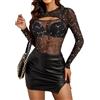 Avidlove Body da donna Top sexy in rete Top a maniche lunghe Camicetta elegante Abito da festival Curvy Trasparente A righe rosso L