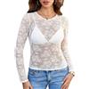 Avidlove Camicetta da donna in pizzo top mesh elegante camicia a maniche lunghe outfit sexy trasparente con scollo rotondo, bianco, XS