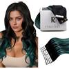 RUNATURE Extension Biadesive Capelli Veri Nero Ombre Verde 35cm 20Pcs 40g Extension Invisibile #1B/Teal