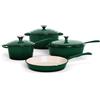Kitchen Academy, Pentola in ghisa, Set da 7 pezzi con Dutch Oven, Pentole in ghisa smaltata, Casseruola per salse, Padella, 3 coperchi, Set di Dutch Oven, Set di pentole e padelle antiaderenti, Verde
