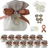 Doni Bomboniere Set Battesimo 12 Sacchettini in Bianco con Applicazione Argento e Legnetto Sacra Famiglia Bustine Confetti Bigliettini Personalizzabili Confettata Comunione Bimbo Bimba Fai da Te