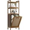HITNET Mobile Bagno con Portabiancheria, Mobiletto Bagno da Terra in Bambù con 3 Ripiani Aperti e1 Cesto Portabiancheria, 40L Sacco Interno Rimovibile con Maniglie per Lavanderia, Noce