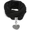 Vestopazzo sciarpa gioiello in tessuto jersey nero con pendente cuore realizzata a mano in alluminio 100% riciclato. Nickel tested AL18006