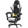 JUMMICO Sedia da gaming, da scrivania con funzione massaggiante, ergonomica, con poggiapiedi, 150 kg, colore: bianco e nero