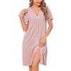Vlazom Camicie da Notte da Donna Estiva Camicia da Notte con Bottoni a Maniche Corte Scollo a V S-XXL，Rosa Chiaro，M
