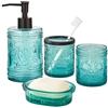 KMwares Set di 4 accessori da bagno in vetro blu foglia di tè con motivo decorativo pressato, include dispenser di sapone per le mani, bicchiere, portasapone e portaspazzolino (blu foglia di tè)