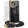 YAMCCCSE Cover per Honor 400 Lite 5G con Collana Amore Cuore Custodia per Silicone Sottile Laccio Tracolla Case con Protezione Fotocamera Dorata Placcatura Cornice Paraurti, Nero