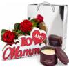 OTHERWISETRIVIAL Set Regalo Mamma, Candela Profumata in Vasetto Latta 60g, Soprammobile in Legno Io Amo Mamma 18cm, Rose Rosse Artificiali, Tema Amore