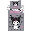 Jerry Fabrics Kuromi Set copripiumino per bambini e fan - 135 x 200 cm + 80 x 80 cm - 100% cotone - Grigio & Rosa - Motivo reversibile - Hello Kitty