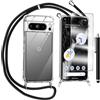 TTSWJBD Cover per Google Pixel 8 Pro 6.7 e Vetro Temperato Custodia con Cordino Silicone Trasparente Morbida Cover Cellulare Girocollo Collana Necklace Protettiva Bumper Antiurto TPU Case, Nero