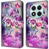 CLM-Tech Cover compatibile con Xiaomi Redmi Note 14 Pro 5G - Custodia a Portafoglio con Supporto e Scomparti per Carte di Credito - Fiore viola