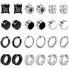 VELESAY 12Paia Orecchini Magnetici Uomo Senza Buco Orecchini con Calamita Acciaio Inossidabile Cerchio Orecchino Clip Non Piercing Orecchino Finti Nero Set Argento