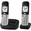 Panasonic KX-TGU432EXB - Telefono cordless digitale con segreteria telefonica automatica, volume amplificato, unità base e 2 auricolari, display LCD, torcia, compatibile con cuffie, nero e argento