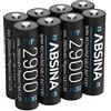 ABSINA 8x Batterie ricaricabili AA 2900 - Batteria NiMH AA da 1,2 V e min. 2650 mAh - Batterie AA ricaricabili per dispositivi ad alto consumo energetico - Pile AA per controller torcia, Wii e Xbox