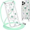Krdvekm Cordino Cover per iPhone 13 Pro Max 6,7'', Aesthetic Fiori Motivo Disegno Magnetica Trasparente PC Compatibile con MagSafe Case Corda Laccio Antiurto Protettiva Custodia per Ragazze, Verde