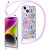 Yirlbey Cover per iPhone 15 6,1'' con Cordino, Aesthetic Fiori Motivo Disegno Viola Silicone Case Corda con Regolabile Laccio Antiurto Antigraffio Bumper Protezione Custodia per Mädchen