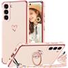 TVVTPU Cover per Samsung Galaxy S21 5G con Cordino e 360° Anello Supporto, Custodia Sottile Morbido Silicone TPU Antiurto Dorata Placcatura Protettiva Case con Regolabile Collana Tracolla, Rosa