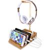Yisen - Appendino universale in legno per cuffie (rimovibile) con supporto per cavo, multi dispositivo, smartphone a 3 porte USB, con interruttore di alimentazione e cavo di alimentazione da 1,5 m