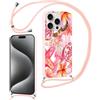 Yirlbey Cover per iPhone 16 Pro 6,3'' con Cordino, Aesthetic Fiori Collage Motivo Disegno Rosa Silicone Case Corda con Regolabile Laccio Antiurto Antigraffio Bumper Protezione Custodia per Mädchen