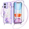 Yirlbey 360 Gradi Cover per iPhone 11 6,1'' con Cordino, Aesthetic Fiori Modello Design Trasparente Silicone Case Corda con Regolabile Laccio Antiurto Antigraffio Bumper Protezione Custodia, Viola