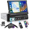 Inefala Autoradio 1 Din Carplay e Android Auto Radio con Schermo Retrattile da 7 Pollici con Bluetooth, Mirror Link, Supporta FM, Controllo del Volante, EQ, USB, AUX, Retrocamera