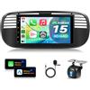 VECHTEL 4G+64G Autoradio Android 15 per FIAT 500 2007-2015, 7 Pollice HD Schermo Auto Radio co Carplay Android Auto senza Fili GPS Wi-Fi USB Bluetooth Radio FM RDS Retrocamera Nero