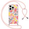 Yirlbey Cover per iPhone 15 Pro 6,1 Pollici con Cordino, Custodia con Fiore Rosa Disegni Aesthetic Laccio Tracolla Corda, Silicone Protective Case Collana Antiurto Sottile per Ragazza
