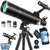 HUGERSTAR Telescopio Astronomico Professionale per Adulti e Bambini, 80/500mm Rifrattore Portatile Telescopio per Principianti con Treppiede, Adattatore Smartphone - Ideale per Osservare Luna Natura