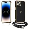 E-Lush Cover per iPhone 15 con Cordino, Ultra Sottile Cuore Amore Elettrolitico Cover per iPhone 15, Morbido TPU Silicone Custodia con Regolabile Collana Antiurto Protettiva, Nero