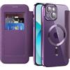 IMEIKONST Cover Magnetica per iPhone 13 con Slot per Carte, [Compatibile con MagSafe] [Blocco RFID] Custodia in Pelle PU Portafoglio Flip Trasparente Case per iPhone 13. Viola JDCX