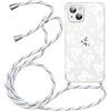 Yirlbey Cover per iPhone 15 6,1 Pollici con Cordino, Custodia Trasparente con Fiocco e Cuore Bianco Disegni Aesthetic Laccio Tracolla Corda, Protective Case Rigida Collana Antiurto Sottile per Ragazza