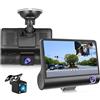 Hikity Telecamera Auto Dash Cam 1080P 4 Pollici Touch Screen, 3 Telecamere - Frontale Interna Posteriore, G-Sensor, Registrazione in Loop, Sensore Movimento, Monitor di Parcheggio, SD 32GB