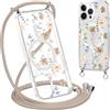 Krdvekm Cordino Cover per iPhone 14 Pro 6,1'', Aesthetic Fiori Motivo Disegno Magnetica Trasparente PC Compatibile con MagSafe Case Corda Laccio Antiurto Protettiva Custodia per Ragazze, Marrone