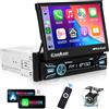 VECHTEL Autoradio 1 Din con Wireless Carplay Android Auto, Schermo Tattile Pieghevole da 7 Pollici Bluetooth Stereo Auto, Radio FM, Mirror Link, 2 USB, SWC, Mic, Telecamera Posteriore