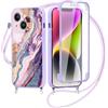 Yirlbey 360 Gradi Cover per iPhone 13 6,1'' con Cordino, Aesthetic Marmo Modello Design Trasparente Silicone Case Corda con Regolabile Laccio Antiurto Antigraffio Bumper Protezione Custodia, Viola