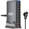 VexNook Caricatore USB C da 800 W GaN3 Multiplo - 8 porte USB-C (140 W/100 W/65 W) e 2 porte USB A (30 W QC) - Caricatore compatto multi-dispositivo, compatibile con laptop, iPhone 15/16, Galaxy, PS5 per