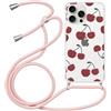 Yirlbey Cover per iPhone 15 Pro 6,1 Pollici con Cordino, Custodia Trasparente con Ciliegia Disegni Aesthetic Laccio Tracolla Corda, Protective Case Rigida Collana Antiurto Sottile per Ragazza