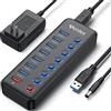 WENTER Hub USB 3.0 attivo, 11 porte da 36 W (12 V/3 A), distributore USB 3.0 multiplo con interruttore LED singolo on/off, hub USB 3.0 7 porte trasferimento dati e 1 porta caricatore rapido
