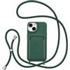 ZTOFERA Custodia a tracolla per iPhone 13 / iPhone 14 con porta carte, custodia per telefono in morbido silicone liquido con cinturino regolabile per il collo, custodia protettiva antiurto, verde