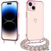 E-Lush Cover per iPhone 15 con Cordino, Ultra Sottile Cuore Amore Elettrolitico Cover per iPhone 15, Morbido TPU Silicone Custodia con Regolabile Collana Antiurto Case, Oro Rosa