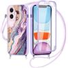 Yirlbey 360 Gradi Cover per iPhone 11 6,1'' con Cordino, Aesthetic Marmo Modello Design Trasparente Silicone Case Corda con Regolabile Laccio Antiurto Antigraffio Bumper Protezione Custodia, Viola