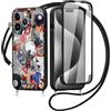 Yirlbey 360 Gradi Cover per iPhone 15 Pro Max 6,7'' con Cordino, Aesthetic Collage Modello Design Trasparente Silicone Case Corda con Regolabile Laccio Antiurto Bumper Protezione Custodia, Nero