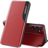Fiyer Cover per Samsung Galaxy S25 Clear View, in pelle, con aletta a 360, antiurto, antigraffio, cavalletto, supporto a flip, colore: Rosso
