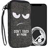 kwmobile Custodia in feltro con zip per Smartphone L - 6,5 - Astuccio portacellulare a sacchetto con cerniera e ricamo - Borsa Don't touch my phone bianco/grigio scuro